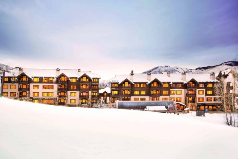 village of ski rentals with snow