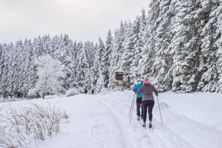two women cross country skiing in the snow